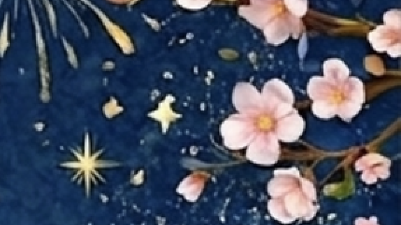 Illustration of pink cherry blossoms and gold fireworks on navy background