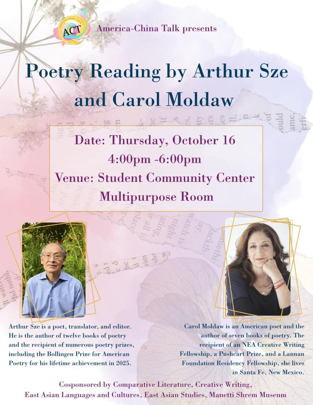 A flyer for the upcoming event, with photos of the speakers.